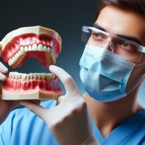 Lekarz stomatolog o specjalizacji chirurga szczękowego wskazującego na model szczęki
