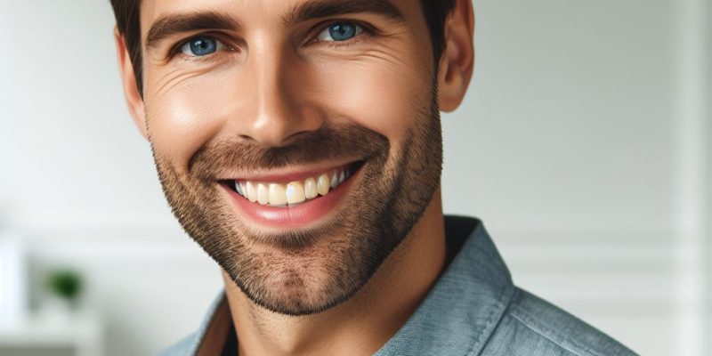 Uśmiechnięty mężczyzna po trzydziestce z protezą akrylową