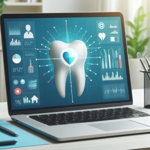 Podsumowanie stanu uzębienia i higieny jamy ustnej przedstawione na laptopie