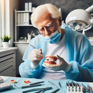 Technik protetyk naprawiający protezę zębową w swojej pracowni