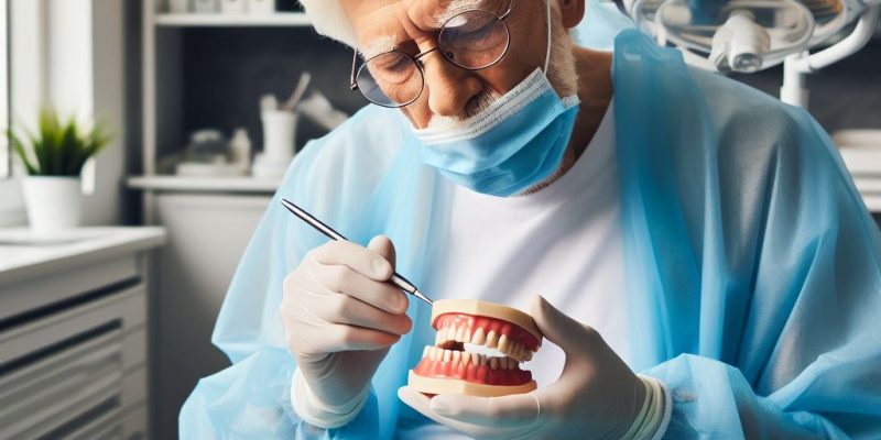 Technik protetyk naprawiający protezę zębową w swojej pracowni