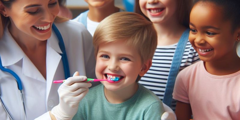 Pani stomatolog pokazująca dzieciom w szkole jak poprawnie przeprowadzić fluoryzację