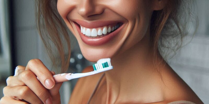 Kobieta dbająca o higienę jamy ustnej usuwająca kamień nazębny