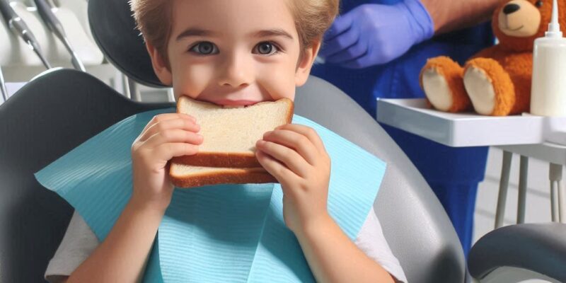 Dziecko je kanapkę na fotelu stomatologicznym